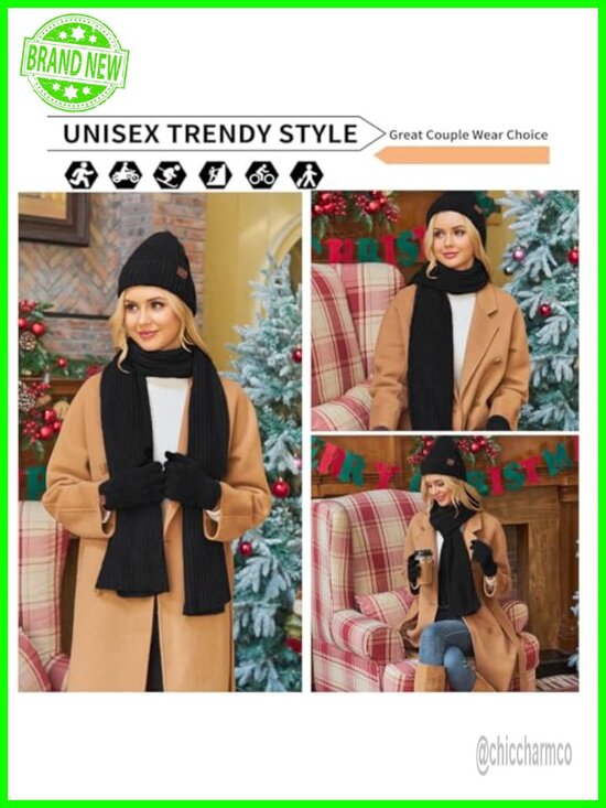 Winter Knit Hat Scarf Gloves Set Touch Screen Beanie Long Neck Scarf Skull Cap main image 4